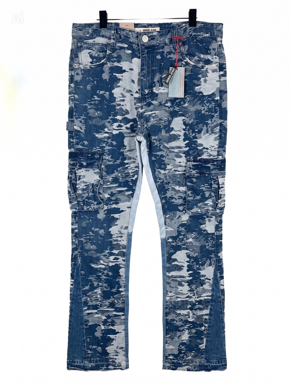 Armor Jeans AJS695 Blue Cargo Jacquard Stacked Denim Jeans Size 40x36